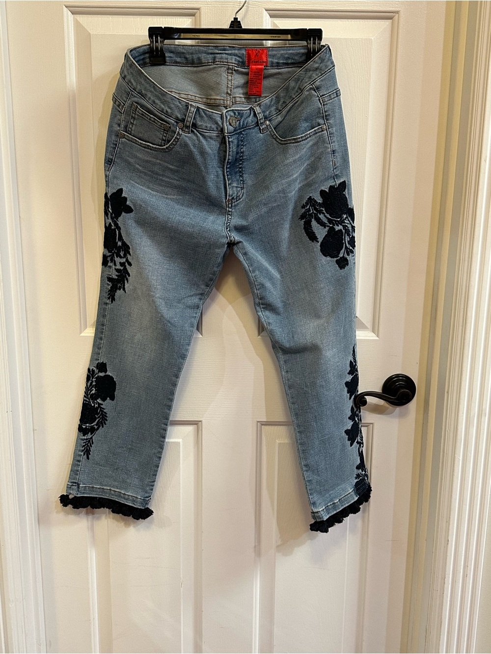 Light Wash Women's Jeans with Dark Navy Floral Embroidery